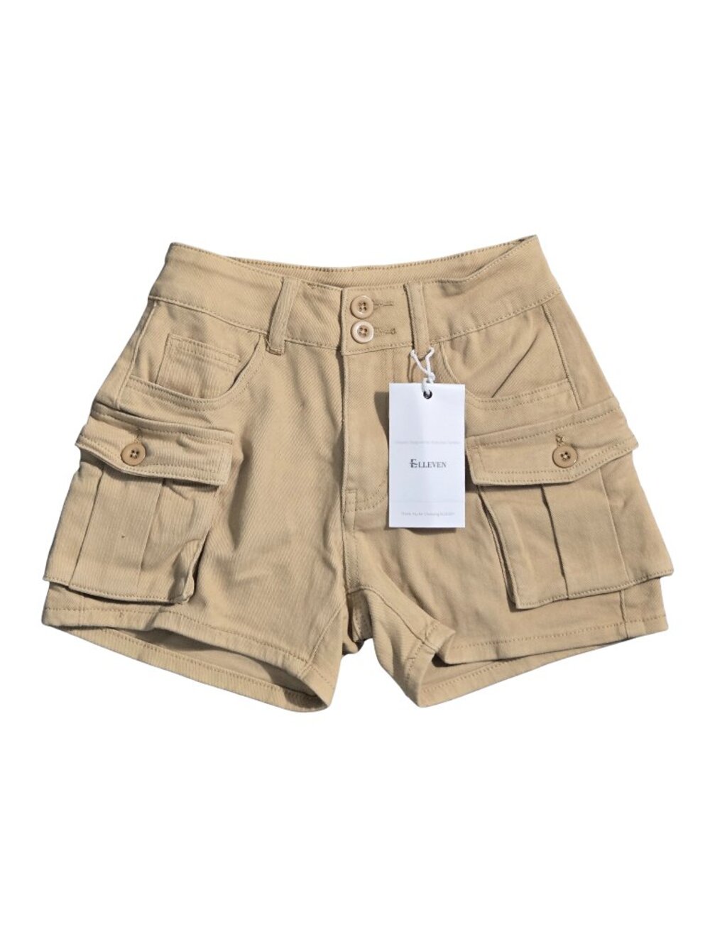 NWT | Elleven Beige High-Waisted Tiered Utility Cargo Shorts | Double Button | X